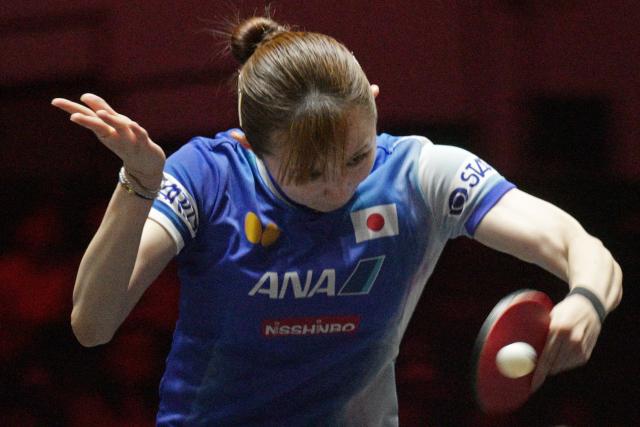 (260227) -- SINGAPORE, Feb. 27, 2026 (Xinhua) -- Hayata Hina hits a return during the women's singles round of 16 match between Kuai Man of China and Hayata Hina of Japan at the World Table Tennis (WTT) Singapore Smash 2026 in Singapore on Feb. 27, 2026. (Photo by Then Chih Wey/Xinhua)