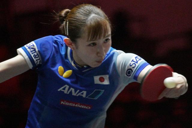 (260227) -- SINGAPORE, Feb. 27, 2026 (Xinhua) -- Hayata Hina hits a return during the women's singles round of 16 match between Kuai Man of China and Hayata Hina of Japan at the World Table Tennis (WTT) Singapore Smash 2026 in Singapore on Feb. 27, 2026. (Photo by Then Chih Wey/Xinhua)
