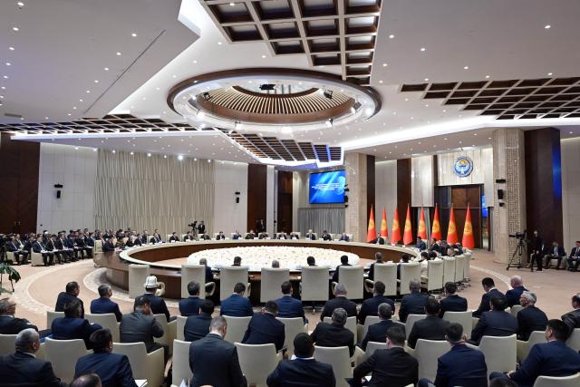 (260227) -- BISHKEK, Feb. 27, 2026 (Xinhua) -- This photo taken on Feb. 27, 2026 shows the scene of a national meeting on Kyrgyzstan's socioeconomic development in 2025 and plans for the coming years held in Bishkek, Kyrgyzstan. TO GO WITH "Kyrgyzstan's economy almost triples in 5 years: president" (Office of the President of the Kyrgyz Republic/Handout via Xinhua)