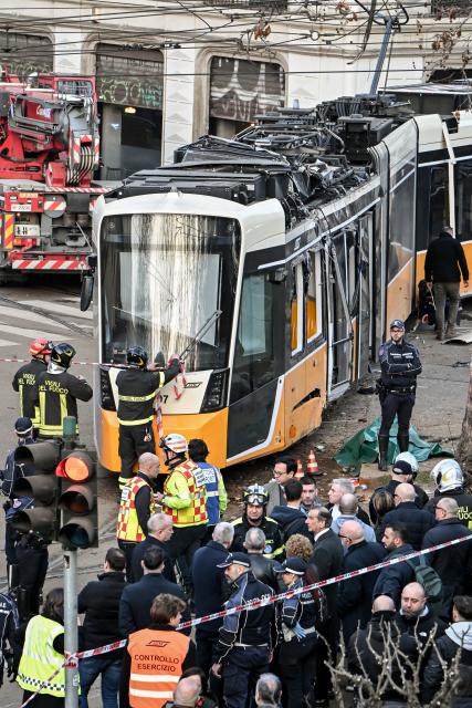 (260227) -- MILAN, Feb. 27, 2026 (Xinhua) -- This photo shows the accident site of a tram derailment in Milan, Italy, Feb. 27, 2026. One person was dead and dozens injured in a tram derailment on Friday in northern Italy's Milan, local media reported. (Xinhua)