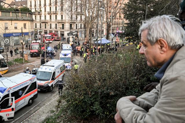 (260227) -- MILAN, Feb. 27, 2026 (Xinhua) -- This photo shows the accident site of a tram derailment in Milan, Italy, Feb. 27, 2026. One person was dead and dozens injured in a tram derailment on Friday in northern Italy's Milan, local media reported. (Xinhua)