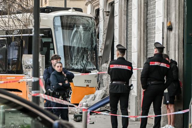 (260227) -- MILAN, Feb. 27, 2026 (Xinhua) -- This photo shows the accident site of a tram derailment in Milan, Italy, Feb. 27, 2026. One person was dead and dozens injured in a tram derailment on Friday in northern Italy's Milan, local media reported. (Xinhua)