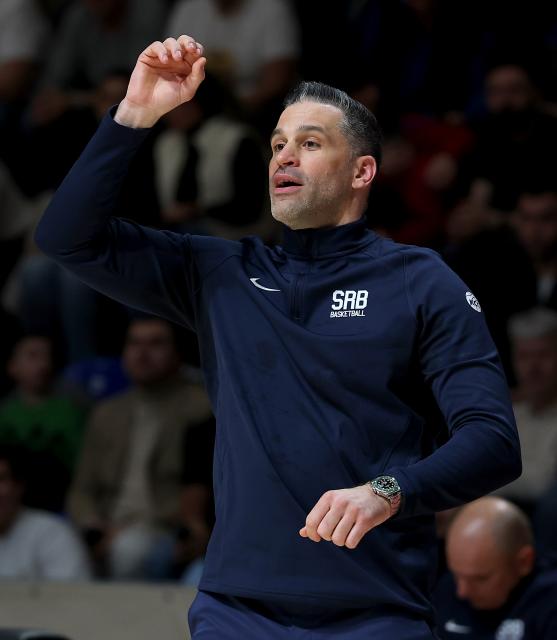 (260228) -- BELGRADE, Feb. 28, 2026 (Xinhua) -- Serbia's head coach Dusan Alimpijevic gestures during the first round group C match between Serbia and Türkiye at the FIBA Basketball World Cup 2027 European Qualifiers in Belgrade, Serbia, on Feb. 27, 2026. (Photo by Predrag Milosavljevic/Xinhua)