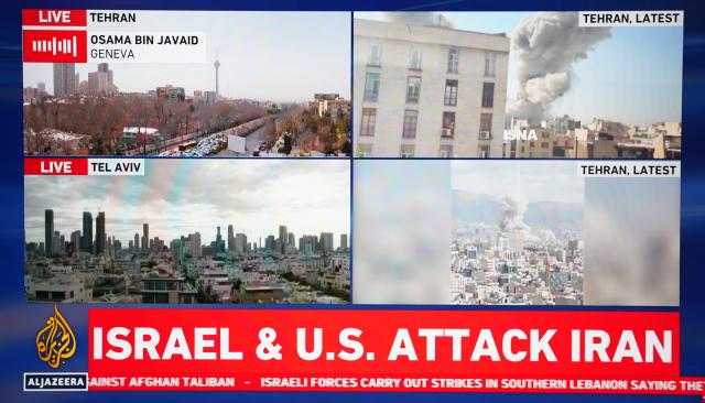 (260228) -- CAIRO, Feb. 28, 2026 (Xinhua) -- This photo taken on Feb. 28, 2026 in Cairo, Egypt shows Qatar's Al Jazeera broadcasting joint Israeli-American attacks against Iran. (Xinhua/Zhang Haobo)