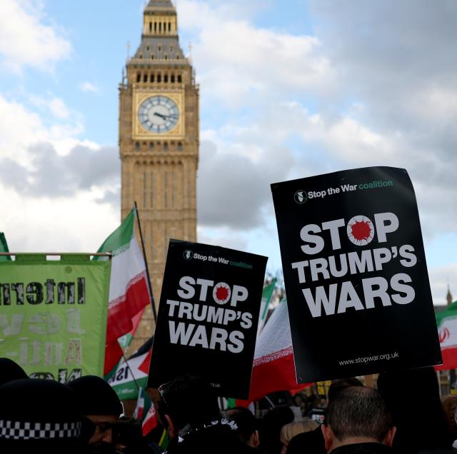 (260301) -- LONDON, March 1, 2026 (Xinhua) -- People hold placards during a protest against U.S.-Israeli attacks on Iran, at the Parliament Square in central London, Britain, on Feb. 28, 2026. The United States and Israel on Saturday launched "major combat operations" against Iran, plunging the war-torn Middle East into a new round of violent conflicts.
   Iran has retaliated with a series of counterattacks against Israel and U.S. targets across the region, with explosions reported in Bahrain, Qatar, Kuwait, Jordan, the United Arab Emirates (UAE), and Saudi Arabia, among other countries. (Xinhua/Li Ying)