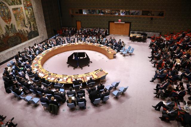 (260301) -- UNITED NATIONS, March 1, 2026 (Xinhua) -- The United Nations (UN) Security Council holds an emergency meeting regarding the U.S.-Israeli attack on Iran at the UN headquarters in New York, Feb. 28, 2026. UN Secretary-General Antonio Guterres on Saturday condemned the military escalation in the Middle East, saying that the use of force by the United States and Israel against Iran, and the subsequent retaliation by Iran across the region, undermine international peace and security. (Xinhua/Xie E)