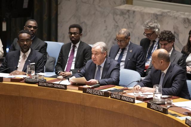 (260301) -- UNITED NATIONS, March 1, 2026 (Xinhua) -- United Nations (UN) Secretary-General Antonio Guterres (C front) speaks at an emergency meeting of the Security Council regarding the U.S.-Israeli attack on Iran at the UN headquarters in New York, Feb. 28, 2026. Guterres on Saturday condemned the military escalation in the Middle East, saying that the use of force by the United States and Israel against Iran, and the subsequent retaliation by Iran across the region, undermine international peace and security. (Xinhua/Xie E)