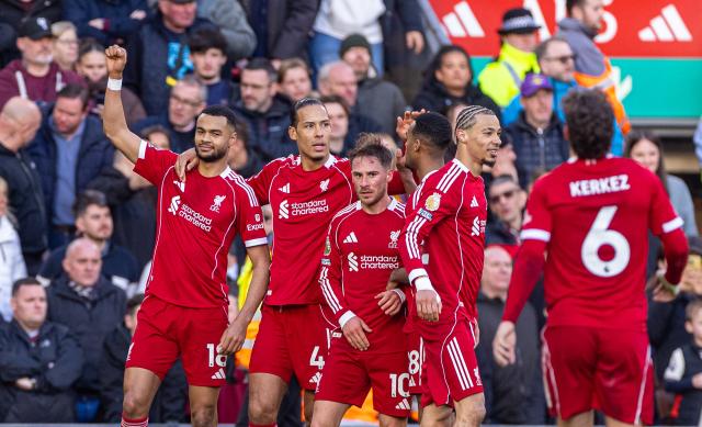 (260301) -- LIVERPOOL, March 1, 2026 (Xinhua) -- Liverpool's Cody Gakpo (1st L) celebrates after scoring during the English Premier League match between Liverpool and West Ham United in Liverpool, Britain, on Feb. 28, 2026. (Xinhua)
FOR EDITORIAL USE ONLY. NOT FOR SALE FOR MARKETING OR ADVERTISING CAMPAIGNS. NO USE WITH UNAUTHORIZED AUDIO, VIDEO, DATA, FIXTURE LISTS, CLUB/LEAGUE LOGOS OR "LIVE" SERVICES. ONLINE IN-MATCH USE LIMITED TO 45 IMAGES, NO VIDEO EMULATION. NO USE IN BETTING, GAMES OR SINGLE CLUB/LEAGUE/PLAYER PUBLICATIONS.
