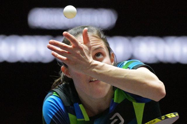 (260301) -- SINGAPORE, March 1, 2026 (Xinhua) -- Sabine Winter serves during the women's singles semifinal between Wang Manyu of China and Sabine Winter of Germany at the World Table Tennis (WTT) Singapore Smash 2026 in Singapore on March 1, 2026. (Photo by Then Chih Wey/Xinhua)