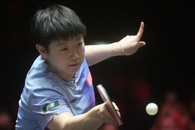 (260301) -- SINGAPORE, March 1, 2026 (Xinhua) -- Sun Yingsha hits a return during the women's singles semifinal between Sun Yingsha of China and Chen Yi of China at the World Table Tennis (WTT) Singapore Smash 2026 in Singapore on March 1, 2026. (Photo by Then Chih Wey/Xinhua)