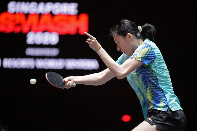 (260301) -- SINGAPORE, March 1, 2026 (Xinhua) -- Chen Yi hits a return during the women's singles semifinal between Sun Yingsha of China and Chen Yi of China at the World Table Tennis (WTT) Singapore Smash 2026 in Singapore on March 1, 2026. (Photo by Then Chih Wey/Xinhua)
