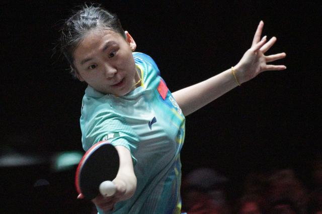 (260301) -- SINGAPORE, March 1, 2026 (Xinhua) -- Chen Yi hits a return during the women's singles semifinal between Sun Yingsha of China and Chen Yi of China at the World Table Tennis (WTT) Singapore Smash 2026 in Singapore on March 1, 2026. (Photo by Then Chih Wey/Xinhua)