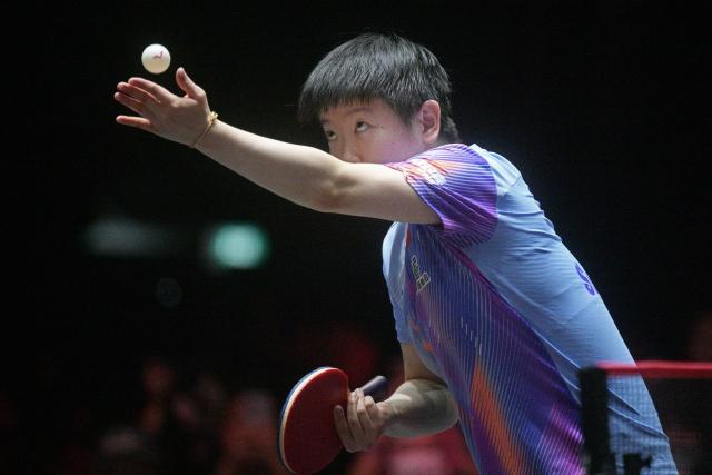(260301) -- SINGAPORE, March 1, 2026 (Xinhua) -- Sun Yingsha serves during the women's singles semifinal between Sun Yingsha of China and Chen Yi of China at the World Table Tennis (WTT) Singapore Smash 2026 in Singapore on March 1, 2026. (Photo by Then Chih Wey/Xinhua)