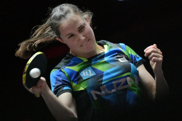 (260301) -- SINGAPORE, March 1, 2026 (Xinhua) -- Sabine Winter hits a return during the women's singles semifinal between Wang Manyu of China and Sabine Winter of Germany at the World Table Tennis (WTT) Singapore Smash 2026 in Singapore on March 1, 2026. (Photo by Then Chih Wey/Xinhua)