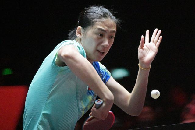 (260301) -- SINGAPORE, March 1, 2026 (Xinhua) -- Chen Yi hits a return during the women's singles semifinal between Sun Yingsha of China and Chen Yi of China at the World Table Tennis (WTT) Singapore Smash 2026 in Singapore on March 1, 2026. (Photo by Then Chih Wey/Xinhua)