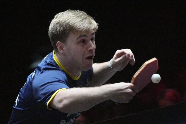 (260301) -- SINGAPORE, March 1, 2026 (Xinhua) -- Truls Moregard of Sweden hits a return during the men's singles semifinal between Lin Yun-Ju of Chinese Taipei and Truls Moregard of Sweden at the World Table Tennis (WTT) Singapore Smash 2026 in Singapore on March 1, 2026. (Photo by Then Chih Wey/Xinhua)