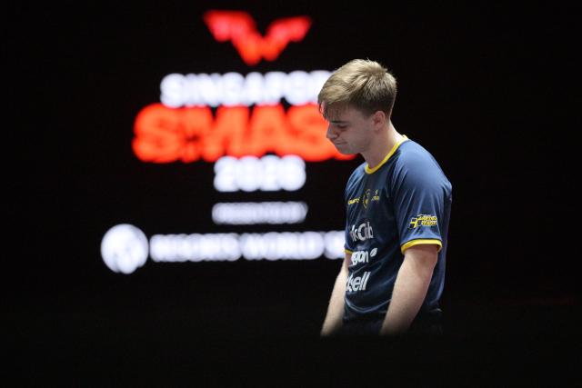 (260301) -- SINGAPORE, March 1, 2026 (Xinhua) -- Truls Moregard of Sweden reacts during the men's singles semifinal between Lin Yun-Ju of Chinese Taipei and Truls Moregard of Sweden at the World Table Tennis (WTT) Singapore Smash 2026 in Singapore on March 1, 2026. (Photo by Then Chih Wey/Xinhua)