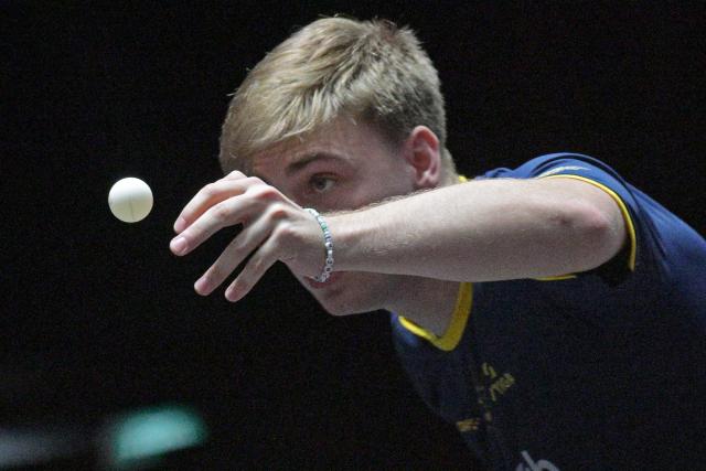 (260301) -- SINGAPORE, March 1, 2026 (Xinhua) -- Truls Moregard of Sweden serves during the men's singles semifinal between Lin Yun-Ju of Chinese Taipei and Truls Moregard of Sweden at the World Table Tennis (WTT) Singapore Smash 2026 in Singapore on March 1, 2026. (Photo by Then Chih Wey/Xinhua)