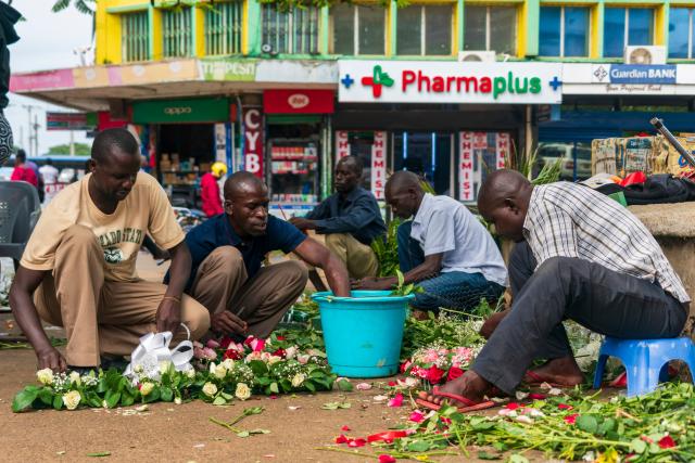 (260301) -- KISUMU, March 1, 2026 (Xinhua) -- People make flower baskets in Kisumu, Kenya, Feb. 28, 2026. Kisumu, located on the shores of Lake Victoria in western Kenya, stands as the country's third-largest city. (Xinhua/Xie Jianfei)