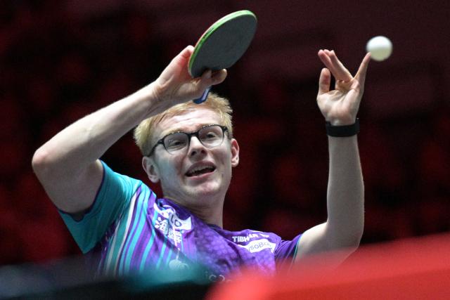 (260301) -- SINGAPORE, March 1, 2026 (Xinhua) -- Felix Lebrun hits a return during the men's singles semifinal between Wang Chuqin of China and Felix Lebrun of France at the World Table Tennis (WTT) Singapore Smash 2026 in Singapore on March 1, 2026. (Photo by Then Chih Wey/Xinhua)