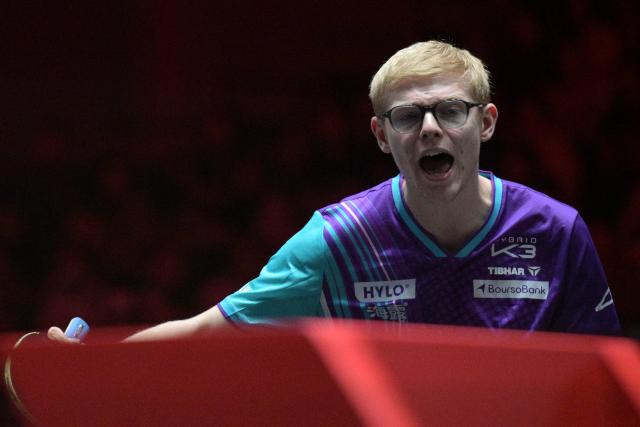 (260301) -- SINGAPORE, March 1, 2026 (Xinhua) -- Felix Lebrun reacts during the men's singles semifinal between Wang Chuqin of China and Felix Lebrun of France at the World Table Tennis (WTT) Singapore Smash 2026 in Singapore on March 1, 2026. (Photo by Then Chih Wey/Xinhua)