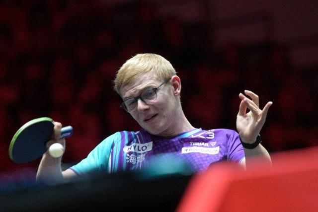 (260301) -- SINGAPORE, March 1, 2026 (Xinhua) -- Felix Lebrun hits a return during the men's singles semifinal between Wang Chuqin of China and Felix Lebrun of France at the World Table Tennis (WTT) Singapore Smash 2026 in Singapore on March 1, 2026. (Photo by Then Chih Wey/Xinhua)