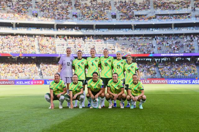 (260301) -- PERTH, March 1, 2026 (Xinhua) -- Starting players of Australia line up before the group A opener match between Australia and the Philippines at the 2026 AFC Women's Asian Cup at Perth Stadium in Perth, Australia, March 1, 2026. (Photo by Zhou Dan/Xinhua)