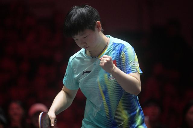 (260301) -- SINGAPORE, March 1, 2026 (Xinhua) -- Sun Yingsha of China celebrates during the women's singles final between Sun Yingsha of China and Wang Manyu of China at the World Table Tennis (WTT) Singapore Smash 2026 in Singapore on March 1, 2026. (Photo by Then Chih Wey/Xinhua)