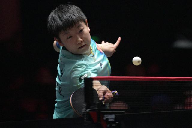 (260301) -- SINGAPORE, March 1, 2026 (Xinhua) -- Sun Yingsha of China hits a return during the women's singles final between Sun Yingsha of China and Wang Manyu of China at the World Table Tennis (WTT) Singapore Smash 2026 in Singapore on March 1, 2026. (Photo by Then Chih Wey/Xinhua)