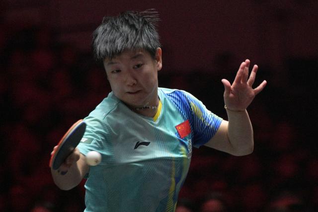 (260301) -- SINGAPORE, March 1, 2026 (Xinhua) -- Sun Yingsha of China hits a return during the women's singles final between Sun Yingsha of China and Wang Manyu of China at the World Table Tennis (WTT) Singapore Smash 2026 in Singapore on March 1, 2026. (Photo by Then Chih Wey/Xinhua)
