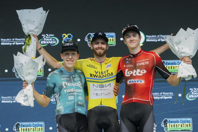 (260302) -- KIGALI, March 2, 2026 (Xinhua) -- First-placed Moritz Kretschy of NSN Development Team (C), second-placed Johannes Adamietz (L) of Rembe|Rad-net and third-placed Duarte Marivoet of Lotto-Groupe Wanty pose during the awarding ceremony for general classification of the Tour du Rwanda 2026 in Kigali, Rwanda, March 1,2026. (Photo by Cyril Ndegeya/Xinhua)