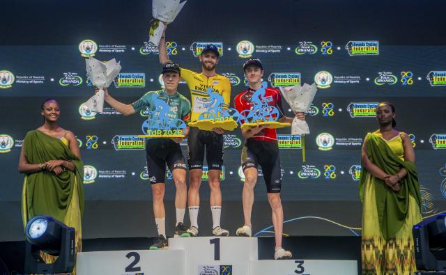 (260302) -- KIGALI, March 2, 2026 (Xinhua) -- First-placed Moritz Kretschy of NSN Development Team (C), second-placed Johannes Adamietz (L) of Rembe|Rad-net and third-placed Duarte Marivoet of Lotto-Groupe Wanty pose during the awarding ceremony for general classification of the Tour du Rwanda 2026 in Kigali, Rwanda, March 1,2026. (Photo by Cyril Ndegeya/Xinhua)