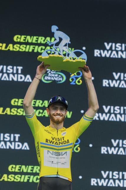 (260302) -- KIGALI, March 2, 2026 (Xinhua) -- First-placed Moritz Kretschy of NSN Development Team poses during the awarding ceremony for general classification of the Tour du Rwanda 2026 in Kigali, Rwanda, March 1,2026. (Photo by Cyril Ndegeya/Xinhua)