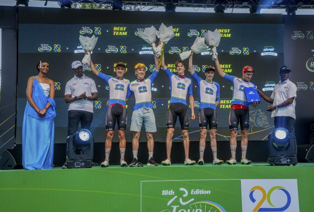 (260302) -- KIGALI, March 2, 2026 (Xinhua) -- Athletes of Lotto-Groupe Wanty celebrate during the awarding ceremony for team classification of the general of the Tour du Rwanda 2026 in Kigali, Rwanda, March 1,2026. (Photo by Cyril Ndegeya/Xinhua)