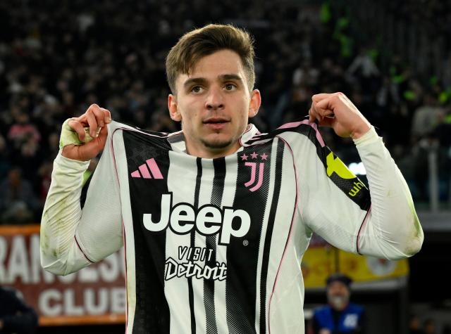 (260302) -- ROME, March 2, 2026 (Xinhua) -- Juventus' Francisco Coincencao celebrates his goal during an Italian Serie A football match between Roma and Juventus in Rome, Italy, March 1, 2026. (Photo by Alberto Lingria/Xinhua)