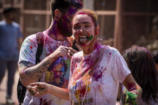 (260302) -- LALITPU, March 2, 2026 (Xinhua) -- People smeared with colored powder are pictured during a celebration of the Holi Festival in Lalitpur, Nepal, on March 2, 2026. Holi, the festival of colors, marks the end of winter and the onset of the spring season. (Photo by Hari Maharjan/Xinhua)