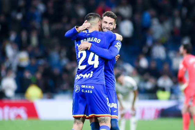 (260303) -- MADRID, March 3, 2026 (Xinhua) -- Players of Getafe celebrate after the La Liga football match between Real Madrid and Getafe CF in Madrid, Spain, on March 2, 2026. (Photo by Gustavo Valiente/Xinhua)