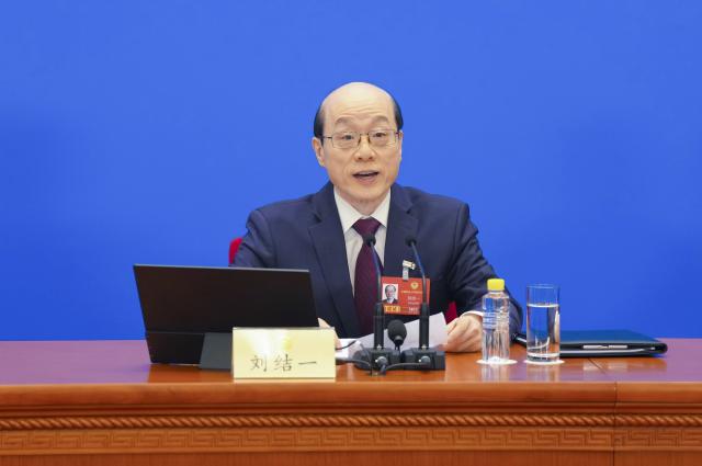 (260303) -- BEIJING, March 3, 2026 (Xinhua) -- Liu Jieyi, spokesperson for the fourth session of the 14th Chinese People's Political Consultative Conference (CPPCC) National Committee, attends a press conference at the Great Hall of the People in Beijing, capital of China, March 3, 2026. The CPPCC National Committee, China's top political advisory body, held a press conference on Tuesday, one day before its annual session. (Xinhua/Wang Xi)