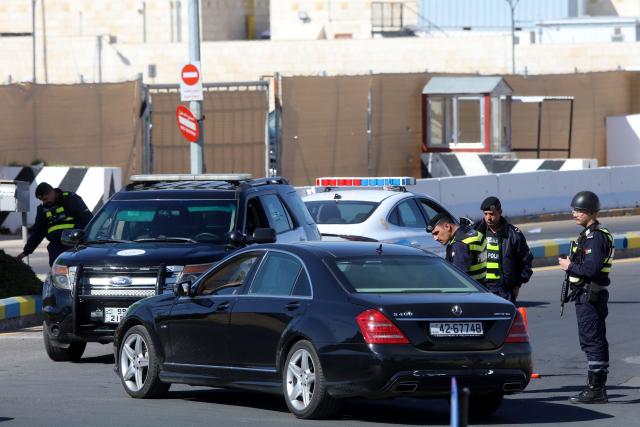 (260303) -- AMMAN, March 3, 2026 (Xinhua) -- Jordanian policemen block the area and roads surrounding the U.S. embassy in Amman, Jordan on March 3, 2026. All personnel at the U.S. Embassy in Amman have temporarily departed the embassy compound due to a security threat, the embassy said in a statement on Monday. (Photo by Mohammad Abu Ghosh/Xinhua)