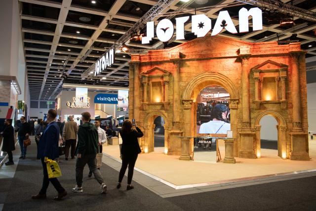 (260303) -- BERLIN, March 3, 2026 (Xinhua) -- People visit the exhibition area of Jordan at the ITB Berlin travel trade show in Berlin, Germany on March 3, 2026. This year's ITB Berlin travel trade show kicked off here on Tuesday and will last until March 5. First held in 1966, the event celebrates its 60th anniversary this year. (Xinhua/Zhang Haofu)
