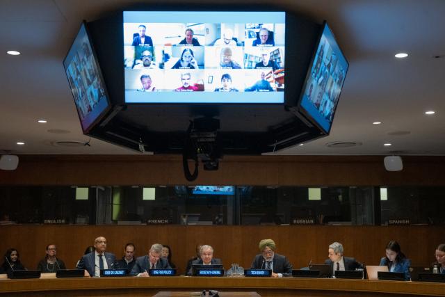 (260303) -- UNITED NATIONS, March 3, 2026 (Xinhua) -- UN Secretary-General Antonio Guterres addresses the first meeting of the International Scientific Panel on Artificial Intelligence (AI) at the UN headquarters in New York on March 3, 2026. Guterres on Tuesday asked the newly-established International Scientific Panel on Artificial Intelligence to help decision-makers build effective guardrails, unlock innovation for the common good, and strengthen international cooperation. (Evan Schneider/UN Photo/Handout via Xinhua)