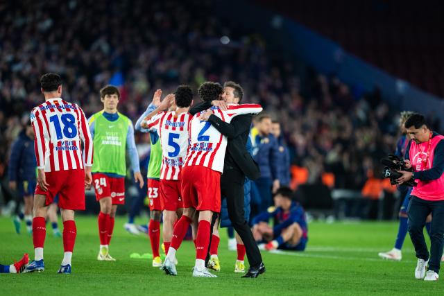 (260304) -- BARCELONA, March 4, 2026 (Xinhua) -- Players of Atletico de Madrid celebrate after the Copa del Rey semifinal round 2 match between FC Barcelona and  Atletico de Madrid in Barcelona, Spain, March 3, 2026. (Photo by Joan Gosa/Xinhua)