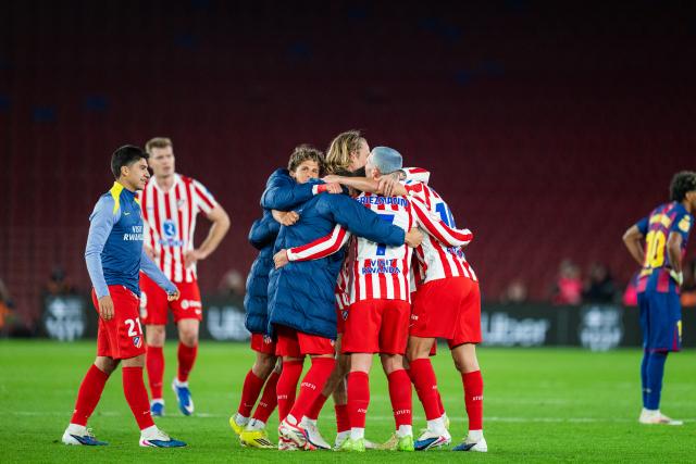 (260304) -- BARCELONA, March 4, 2026 (Xinhua) -- Players of Atletico de Madrid celebrate after the Copa del Rey semifinal round 2 match between FC Barcelona and  Atletico de Madrid in Barcelona, Spain, March 3, 2026. (Photo by Joan Gosa/Xinhua)