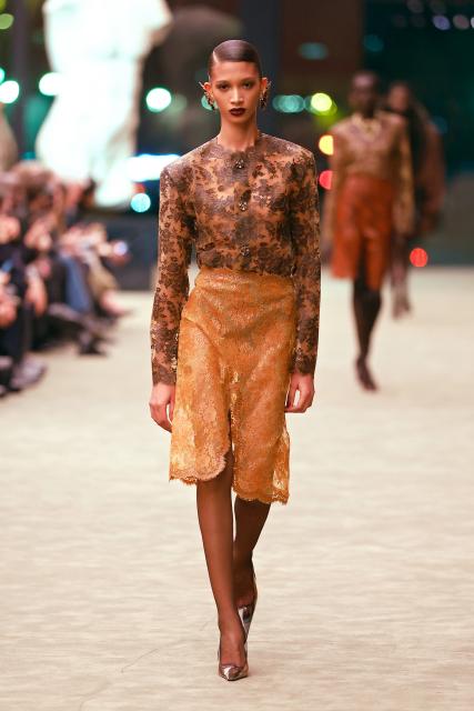 (260304) -- PARIS, March 4, 2026 (Xinhua) -- A model presents a creation from the ready-to-wear Fall/Winter 2026-2027 collections by Saint Laurent during the Paris Fashion Week in Paris, France, on March 3, 2026. (MeetEurope/Handout via Xinhua)