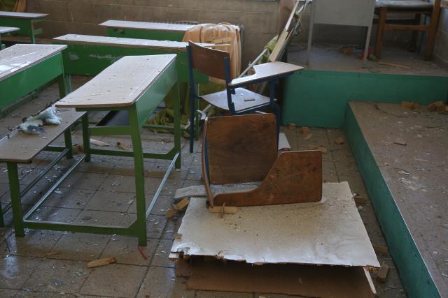 (260304) -- TEHRAN, March 4, 2026 (Xinhua) -- This photo taken on March 3, 2026 shows an interior view of a classroom of Shahid Mahallati School in Tehran, Iran.
  The school was damaged in the ongoing joint military campaign by the United States and Israel. (Xinhua/Shadati)