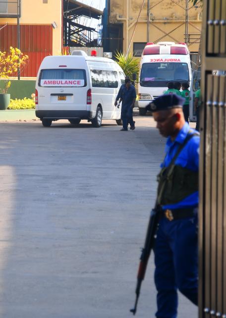 (260304) -- COLOMBO, March 4, 2026 (Xinhua) -- This photo taken on March 4, 2026 shows ambulances at a naval base in Sri Lanka. At least 100 people were feared dead on board the Iranian frigate IRIS Dena after the vessel sustained a possible submarine attack off the Sri Lankan coast on Wednesday morning, according to Sri Lankan navy sources.
   Local media earlier reported that around 180 people were on board the frigate. Sri Lanka Navy launched rescue operations immediately after receiving a distress call reporting that the vessel was sinking. A total of 35 people from the frigate were rescued and transferred to the Karapitiya Teaching Hospital in the southern city of Galle. (Photo by Ajith Perera/Xinhua)