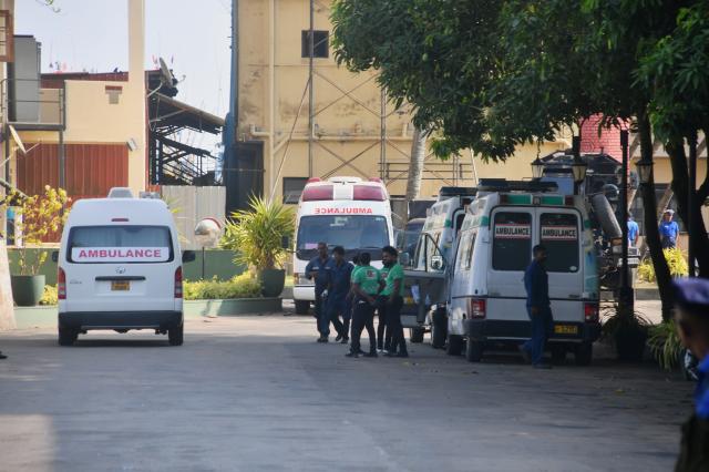 (260304) -- COLOMBO, March 4, 2026 (Xinhua) -- This photo taken on March 4, 2026 shows ambulances at a naval base in Sri Lanka. At least 100 people were feared dead on board the Iranian frigate IRIS Dena after the vessel sustained a possible submarine attack off the Sri Lankan coast on Wednesday morning, according to Sri Lankan navy sources.
   Local media earlier reported that around 180 people were on board the frigate. Sri Lanka Navy launched rescue operations immediately after receiving a distress call reporting that the vessel was sinking. A total of 35 people from the frigate were rescued and transferred to the Karapitiya Teaching Hospital in the southern city of Galle. (Photo by Ajith Perera/Xinhua)