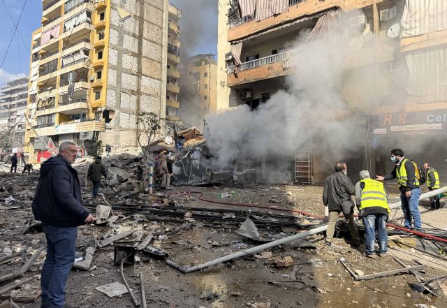 (260304) -- BEIRUT, March 4, 2026 (Xinhua) -- People carry out search and rescue operations after Israeli airstrikes in the southern suburbs of Beirut, Lebanon, March 4, 2026. At least 11 people were killed and 23 others injured in a series of Israeli airstrikes targeting several areas in Lebanon on Wednesday, according to Lebanese official sources.
   Lebanon's Public Health Emergency Operations Center, affiliated with the Ministry of Public Health, said that airstrikes on Aramoun and Saadiyat, south of Beirut, killed six people and wounded eight others, while rescue teams continued to search through the rubble at some of the targeted locations. (Photo by Bilal Jawich/Xinhua)