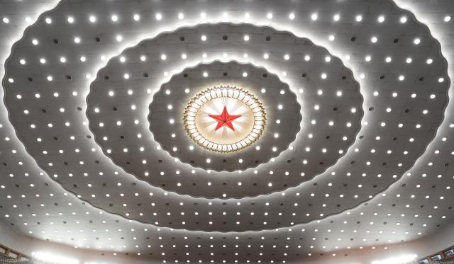 (260305) -- BEIJING, March 5, 2026 (Xinhua) -- This photo taken on March 5, 2026 shows an interior view of the Great Hall of the People, the venue for the opening meeting of the fourth session of the 14th National People's Congress (NPC), in Beijing, capital of China. (Xinhua/Xing Guangli)