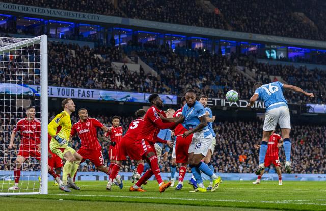 (260305) -- MANCHESTER, March 5, 2026 (Xinhua) -- Manchester City's Rodri (1st R) scores his side's second goal during the English Premier League match between Manchester City FC and Nottingham Forest FC in Manchester, Britain, on March 4, 2026. (Xinhua)
FOR EDITORIAL USE ONLY. NOT FOR SALE FOR MARKETING OR ADVERTISING CAMPAIGNS. NO USE WITH UNAUTHORIZED AUDIO, VIDEO, DATA, FIXTURE LISTS, CLUB/LEAGUE LOGOS OR "LIVE" SERVICES. ONLINE IN-MATCH USE LIMITED TO 45 IMAGES, NO VIDEO EMULATION. NO USE IN BETTING, GAMES OR SINGLE CLUB/LEAGUE/PLAYER PUBLICATIONS.